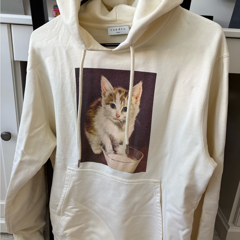 Sandro Cream Hoodie with Kitten Print